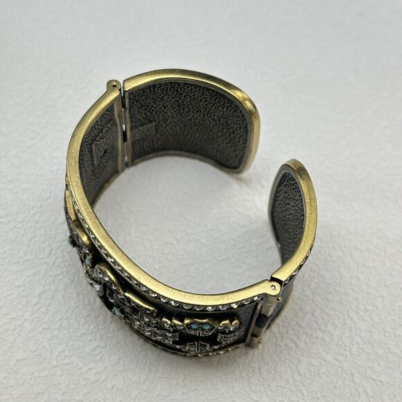 Heidi Daus Art Deco Wide Cuff Bracelet Black Leather Look Rhinestone Turquoise - Picture 5 of 10